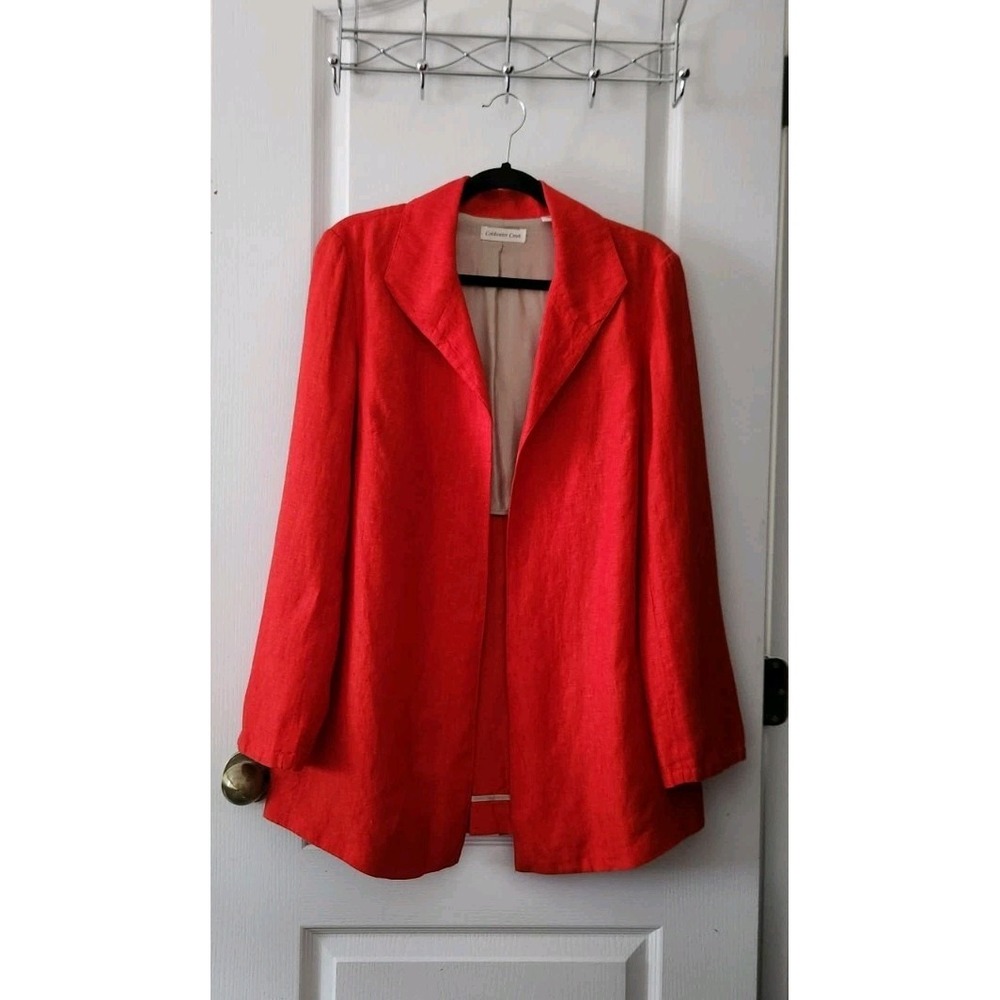 Coldwater Creek Womens Linen Open Front Blazer Jacket Red Orange Lightweight  12